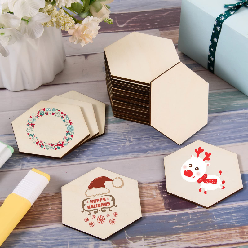 Embellish Craft - แผ่นไม้หกเหลี่ยมขนาด 5 ซม. แบบยังไม่เคลือบสี สำหรับตกแต่งงานฝีมือ DIY